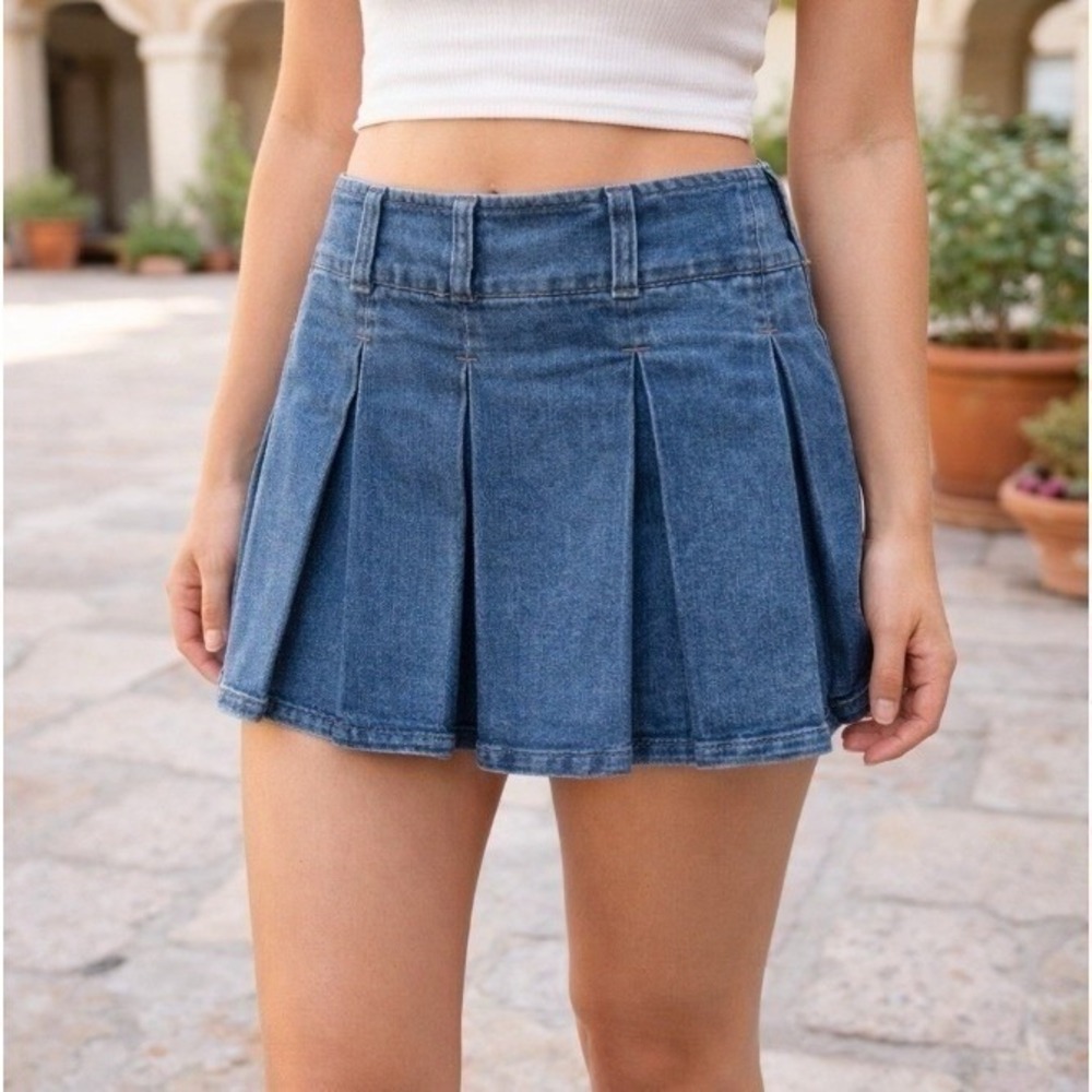 Almost Famous Pleated Micro Mini Denim skort Women M Blue Y2K Grunge Skater New